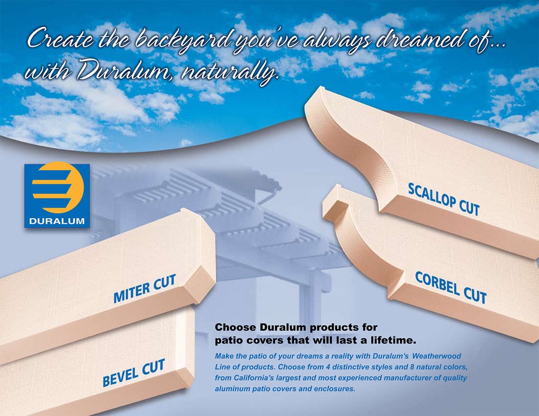 Duralum patio cover beam end cuts — bevel, miter, scallop, corbel