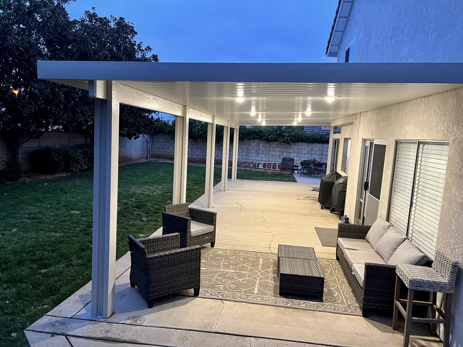 Duralum aluminum patio cover at dusk